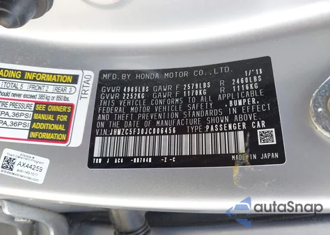 2018 Honda Clarity Plug-In Hybrid Touring from USA, damaged, VIN JHMZC5F30JC006456